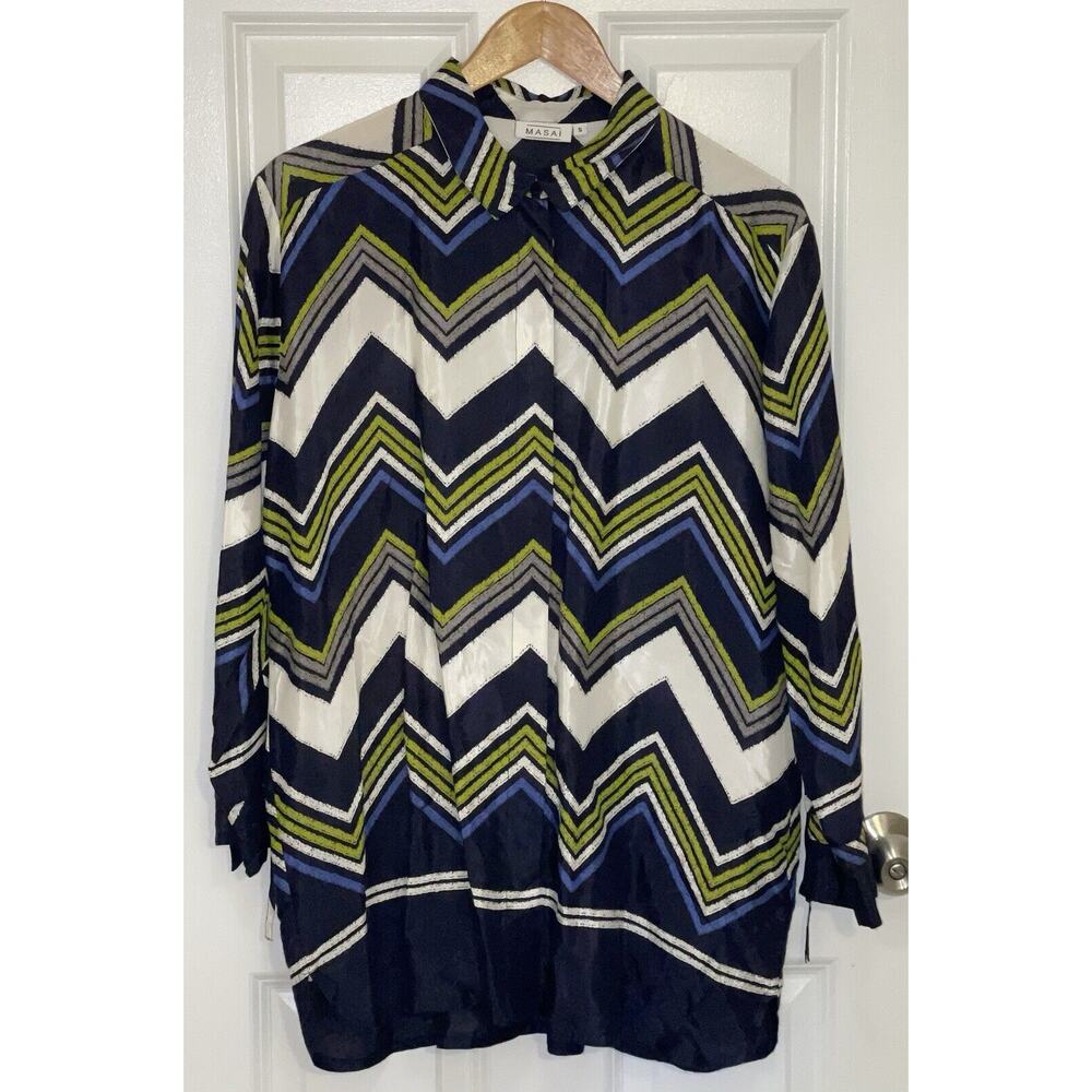 Women’s Masai Button Up Tunic Shirt Blouse Oversized Relaxed Waist Tie (Small)